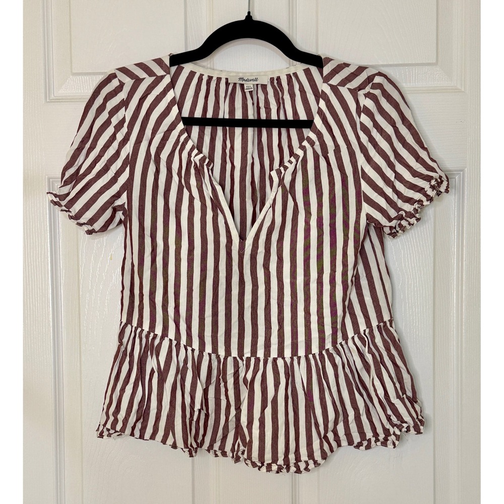 Madewell Peplum Top Women XXS Burgundy Striped V-Neck Ruffle Sleeve